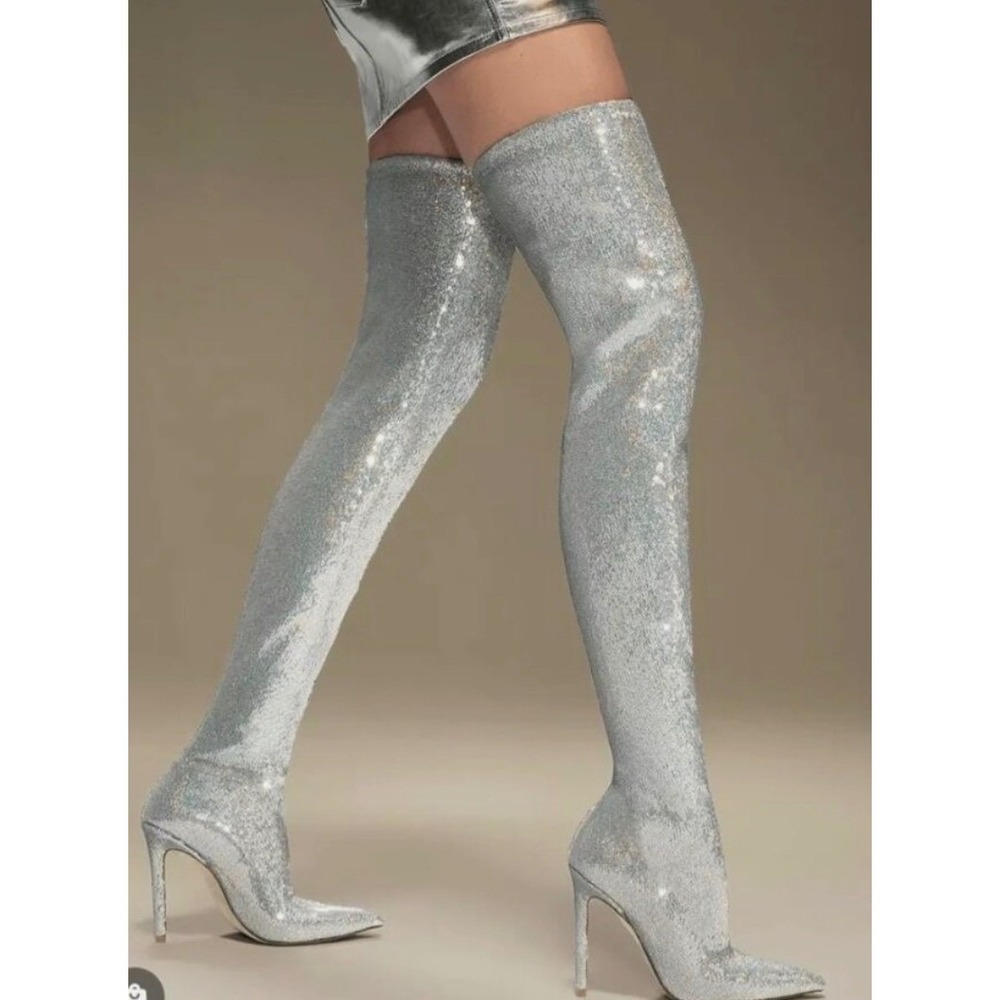 Stuart Weitzman Ultrastuart Silver Sequin Thigh High Boot SC293 Women 4B EU 34.5